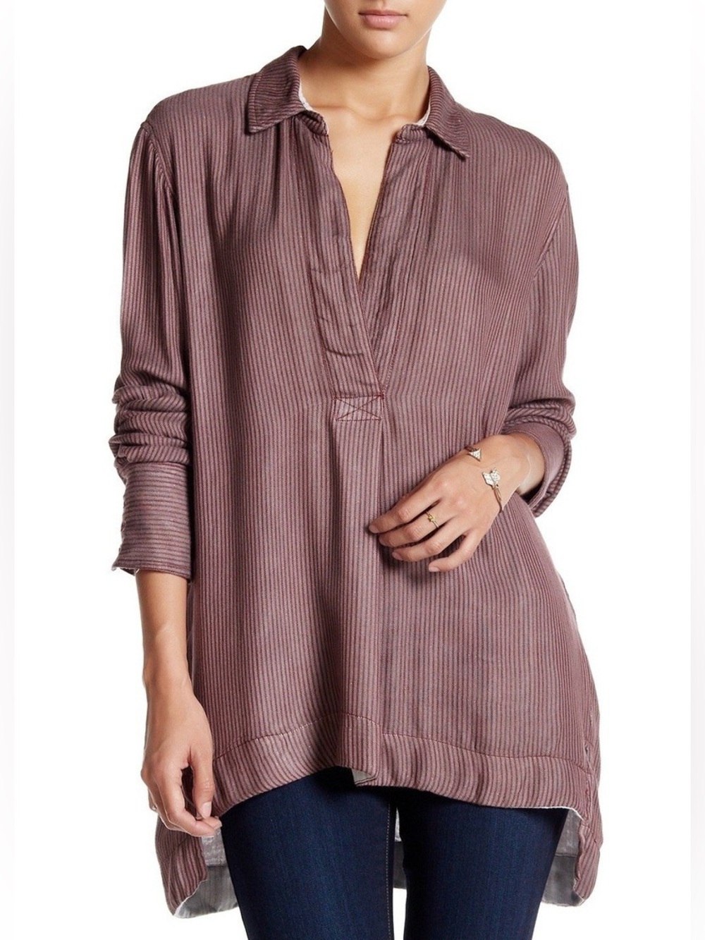 Free People Women’s Striped Layered Tunic Blouse Brown Mauve Boho Rayon